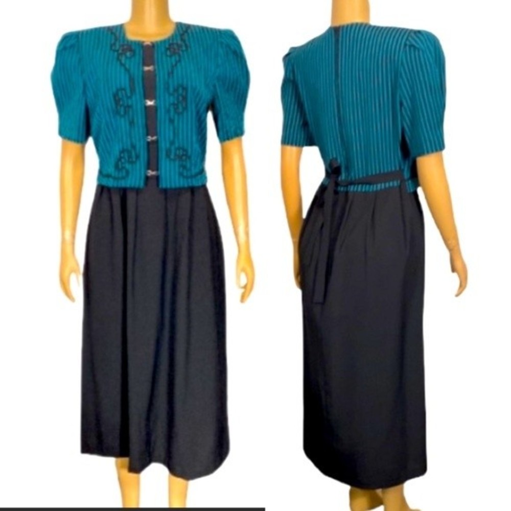 80s Miss Dorby DressTie Back Midi Black Green striped short sleeves size 10 - Picture 1 of 15